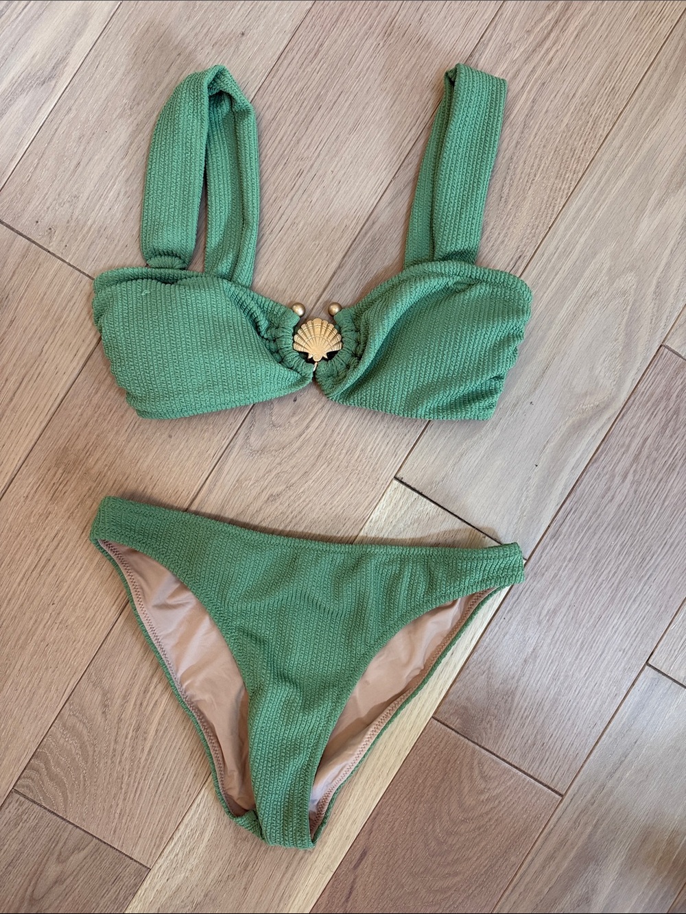 Spell Green Textured Two-Piece Bikini with Gold Shell Accent